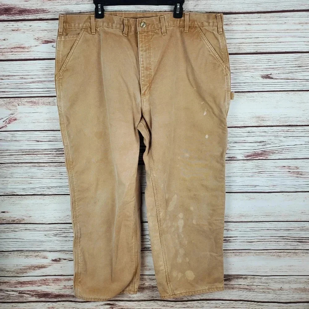Carhartt Mens 44x30 Vintage B11 Brown Flannel Lined Carpenter Canvas Pants